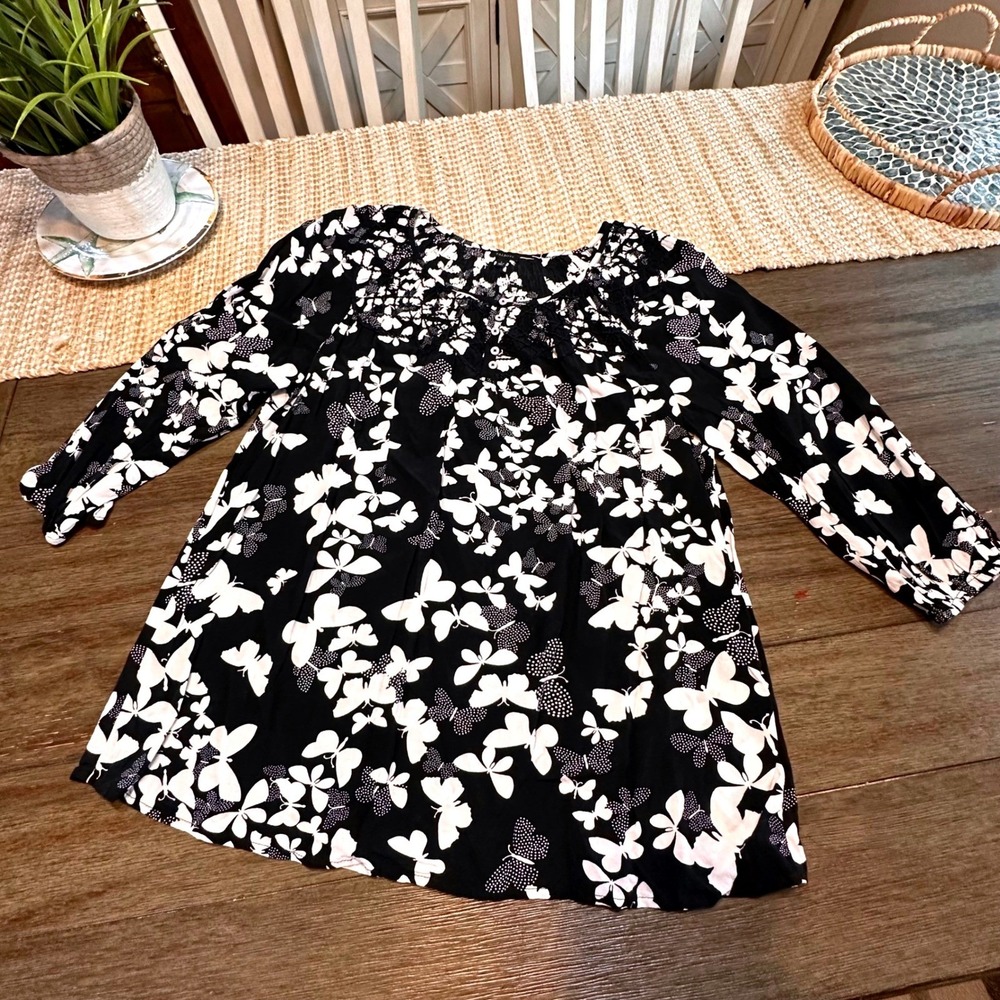 Talbots Women's Butterfly Print 3/4 Sleeve Button Accent‎ Blouse Top Size L